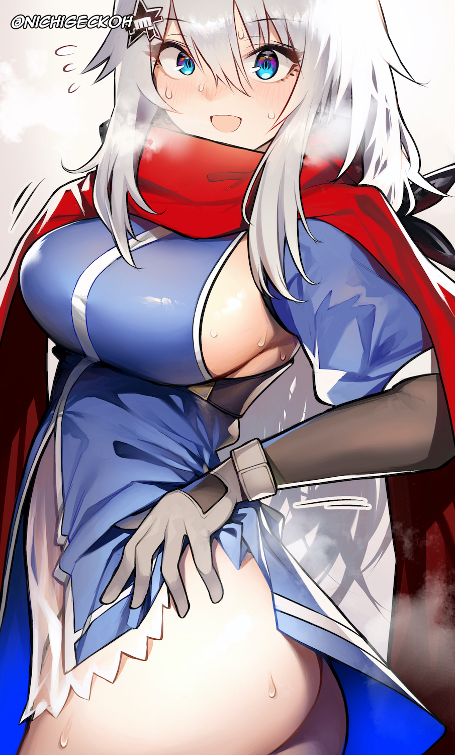1girl 9a-91 9a-91_(girls_frontline) blue_dress blue_eyes breasts brown_gloves dress girls_frontline gloves hair_between_eyes hair_ornament highres large_breasts long_hair looking_at_viewer low_twintails nichigeckoh no_pants red_scarf scarf see-through sideboob silver_hair smile solo star_(symbol) star_hair_ornament twintails