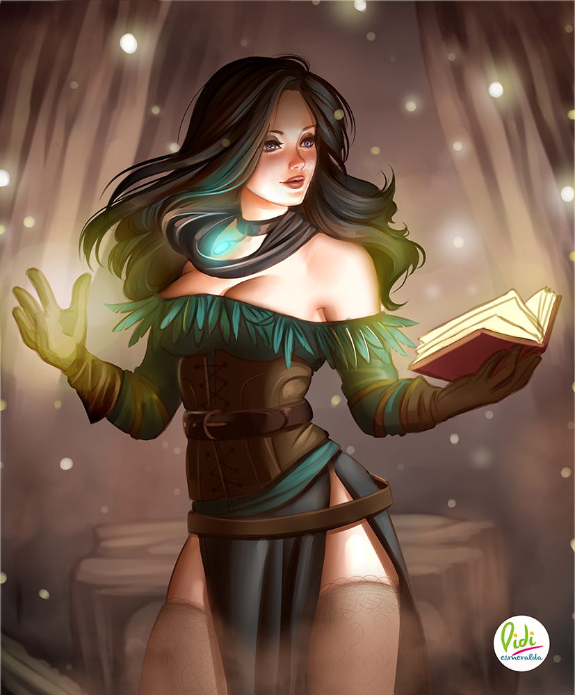 1girl bare_shoulders belt black_hair book casting_spell didi_esmeralda feather_trim feathers holding holding_book long_hair long_sleeves magic spell the_witcher thigh-highs thighs violet_eyes wavy_hair yennefer