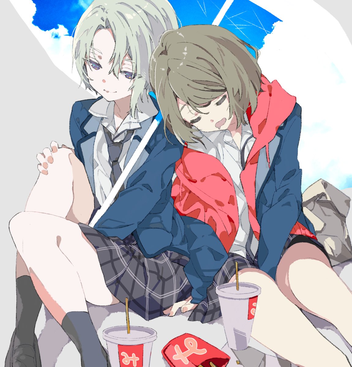 2girls bangs blonde_hair blue_eyes blue_jacket brown_hair closed_eyes cup drooling food french_fries grey_neckwear hand_on_own_knee head_on_another's_shoulder highres holding holding_umbrella hood hoodie hoshino_riya iwanaga_shizu jacket multiple_girls na_ta53 necktie open_mouth plaid plaid_skirt project_cold red_hoodie school_uniform shirt short_hair sitting skirt smile umbrella white_shirt