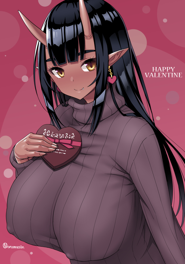 1girl blush breasts brown_sweater covered_nipples dark_skin earrings fang happy_valentine heart heart_earrings horns jewelry large_breasts oni onomeshin original pointy_ears ribbed_sweater signature skin-covered_horns smile solo sweater turtleneck turtleneck_sweater valentine yellow_eyes