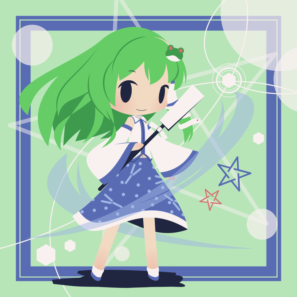 1girl blue_border blue_footwear blue_skirt border chibi cobalta collared_shirt detached_sleeves eyebrows_visible_through_hair frog_hair_ornament gohei green_hair hair_ornament hair_tubes kochiya_sanae long_hair navel shadow shirt skirt sleeveless sleeveless_shirt smile snake_hair_ornament standing star_(symbol) touhou white_legwear white_shirt