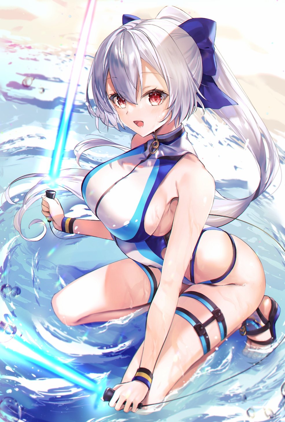 1girl :d armpits bangs bare_shoulders beach blue_bow bow breasts eyebrows_visible_through_hair eyes_visible_through_hair fate/grand_order fate_(series) hair_between_eyes hair_bow hane_yuki highres holding holding_weapon in_water katana kneeling large_breasts long_hair looking_at_viewer ocean open_mouth ponytail red_eyes ribbon sand sandals sideboob silver_hair smile solo swimsuit sword thigh_strap tomoe_gozen_(fate) tomoe_gozen_(swimsuit_saber)_(fate) very_long_hair weapon