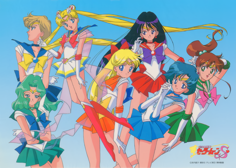 1990s_(style) absurdly_long_hair aino_minako aqua_skirt arm_behind_head arm_up back_bow bishoujo_senshi_sailor_moon black_eyes black_hair blonde_hair blue_background blue_eyes blue_hair blue_skirt boots bow brown_hair choker crossed_arms double_bun earrings elbow_gloves floating_hair gloves green_eyes green_hair green_skirt hair_bobbles hair_bow hair_ornament hand_on_own_thigh hands_together high_ponytail hino_rei interlocked_fingers jewelry kino_makoto knee_boots leotard light_brown_hair logo long_hair looking_at_viewer miniskirt mizuno_ami official_art open_mouth orange_skirt pink_footwear pleated_skirt profile red_skirt retro_artstyle sailor_jupiter sailor_mars sailor_mercury sailor_moon sailor_neptune sailor_senshi sailor_senshi_uniform sailor_uranus sailor_venus short_hair skirt smile ten'ou_haruka tiara tsukino_usagi twintails very_long_hair