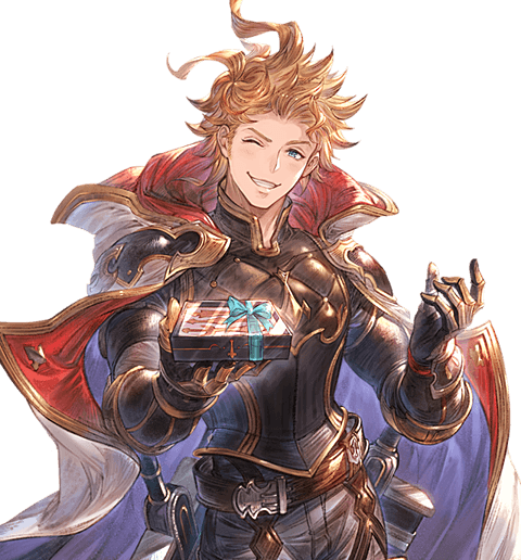 1boy ;) armor belt blonde_hair blue_eyes cape gauntlets gift granblue_fantasy incoming_gift male_focus minaba_hideo official_art one_eye_closed pov siete smile sword transparent_background weapon white_day