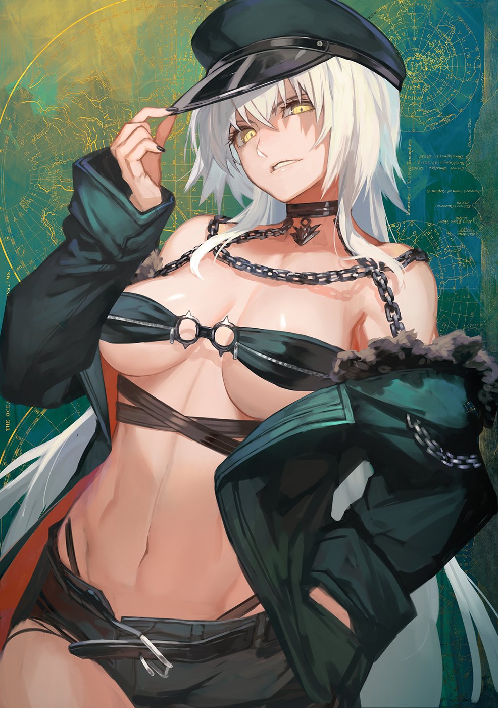 1girl abstract_background bangs bare_shoulders belt bikini black_bikini black_headwear black_nails black_shorts breasts chain collar cowboy_shot fate/grand_order fate_(series) fur-trimmed_jacket fur_trim green_jacket hand_on_headwear hand_up highres jacket jeanne_d'arc_(alter)_(fate) jeanne_d'arc_(fate)_(all) lack large_breasts long_hair long_sleeves looking_at_viewer nail_polish navel o-ring o-ring_bikini off_shoulder open_clothes open_jacket parted_lips shorts silver_hair smile solo stomach swimsuit under_boob very_long_hair yellow_eyes