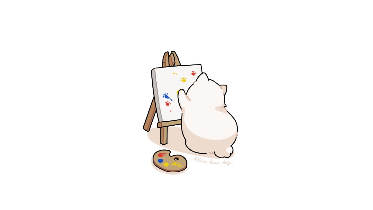 animal animal_focus arm_up artist_name canvas_(object) dog easel facing_away fluffy from_behind fuwa_fuwa_dog no_humans original paint painting pallet paw_print paw_up shadow simple_background sitting solo twitter_username white_background