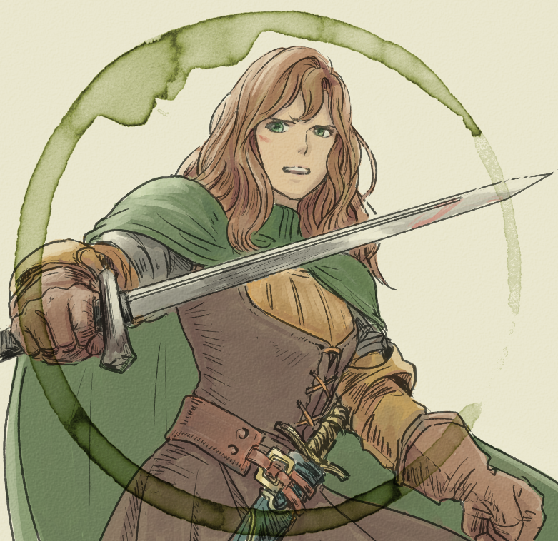 1girl beige_background belt brown_hair character_request cloak film_grain final_fantasy final_fantasy_tactics gloves green_cloak green_eyes holding holding_weapon long_hair open_mouth scabbard sheath sheathed simple_background solo sword teeth traditional_media turtleneck upper_teeth watercolor_(medium) weapon windcaller