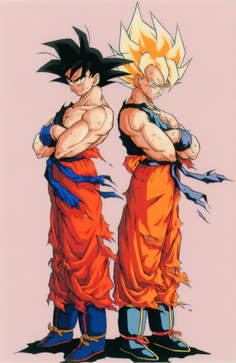 1990s_(style) back-to-back black_hair blonde_hair boots crossed_arms dougi dragon_ball dragon_ball_z full_body muscular muscular_male official_art pink_background retro_artstyle serious shadow simple_background son_goku standing super_saiyan super_saiyan_1 toriyama_akira torn_clothes variations wristband