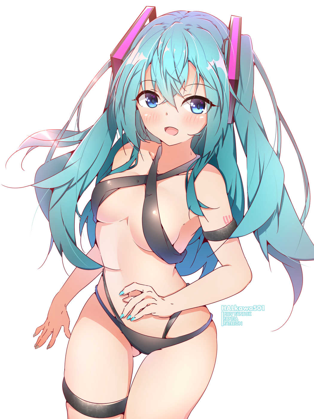 1girl alternate_costume aqua_hair aqua_nails artist_name ass_visible_through_thighs bangs bare_shoulders bikini black_bikini blue_eyes blush closed_mouth criss-cross_halter crossed_bangs hair_between_eyes halkawa501 halterneck hatsune_miku highres legband long_hair looking_at_viewer midriff nail_polish open_hands solo standing swimsuit twintails vocaloid watermark white_background