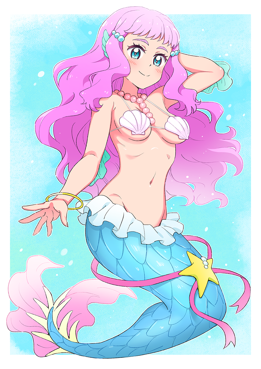 1girl arm_behind_head blue_eyes bracelet breasts closed_mouth full_body head_fins highres jewelry laura_(precure) long_hair looking_at_viewer medium_breasts mermaid monster_girl navel pink_hair precure shell shell_bikini sidelocks smile solo stomach tropical-rouge!_precure yoban