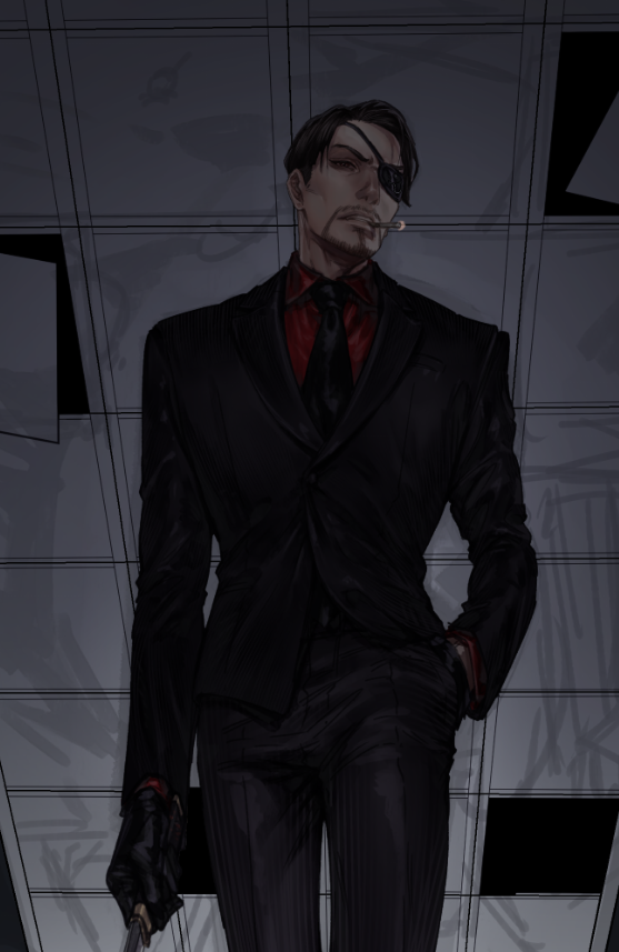 1boy black_eyepatch black_gloves black_hair black_neckwear black_pants black_suit ceiling cigarette dagger eyebrows eyepatch facial_hair formal gloves goatee hand_in_pocket holding holding_dagger holding_weapon jiao_mao looking_at_viewer majima_gorou necktie pants red_shirt ryuu_ga_gotoku ryuu_ga_gotoku_4 shirt short_hair weapon