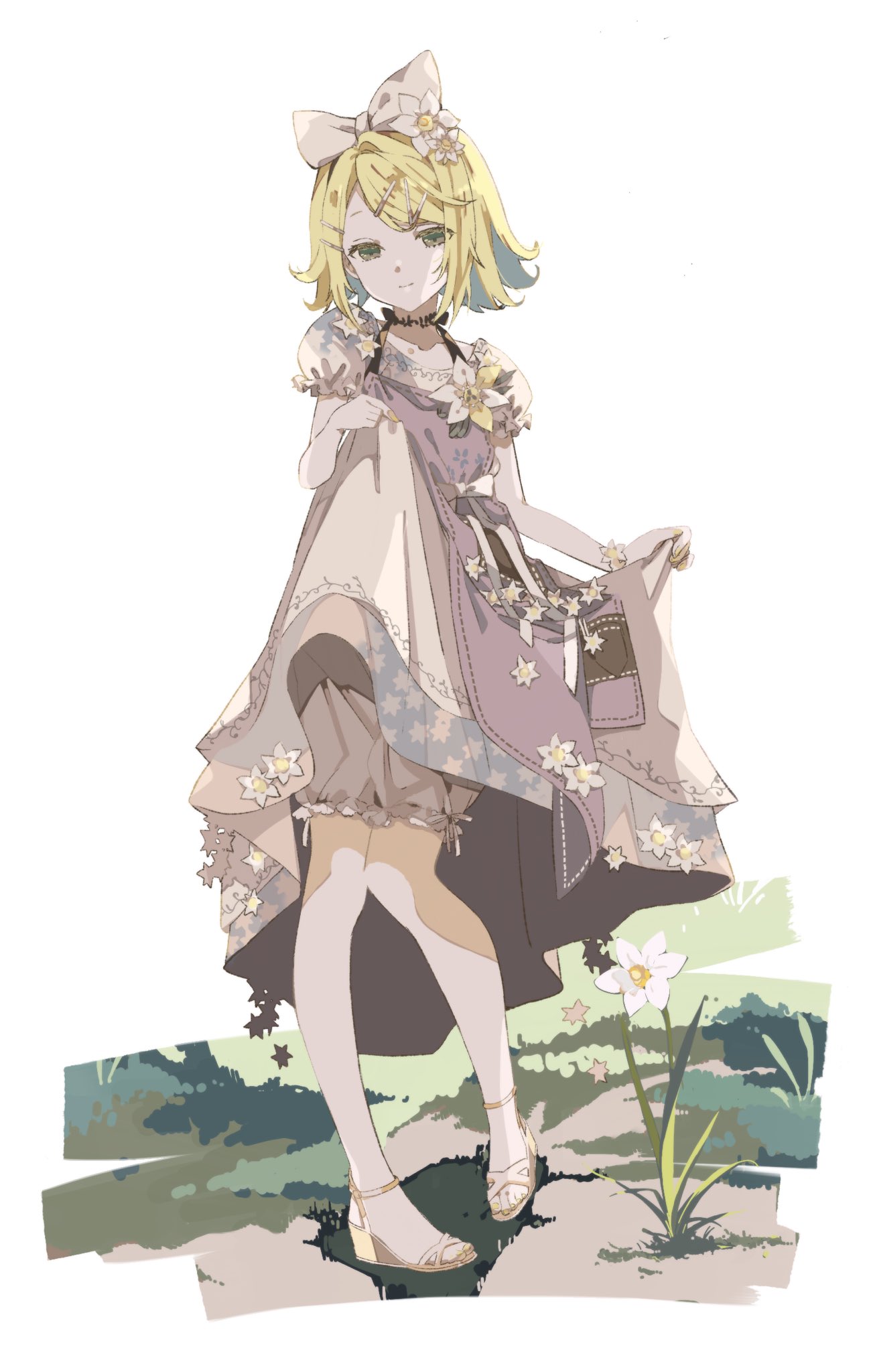 1girl ankle_strap bangs blonde_hair bow choker dress dress_flower flower full_body green_eyes hair_bow hair_ornament hairclip high_heels highres kagamine_rin layered_dress looking_at_viewer na_ta53 pinafore_dress project_sekai puffy_short_sleeves puffy_sleeves sandals shadow short_hair short_sleeves skirt_hold solo standing swept_bangs white_background white_bow