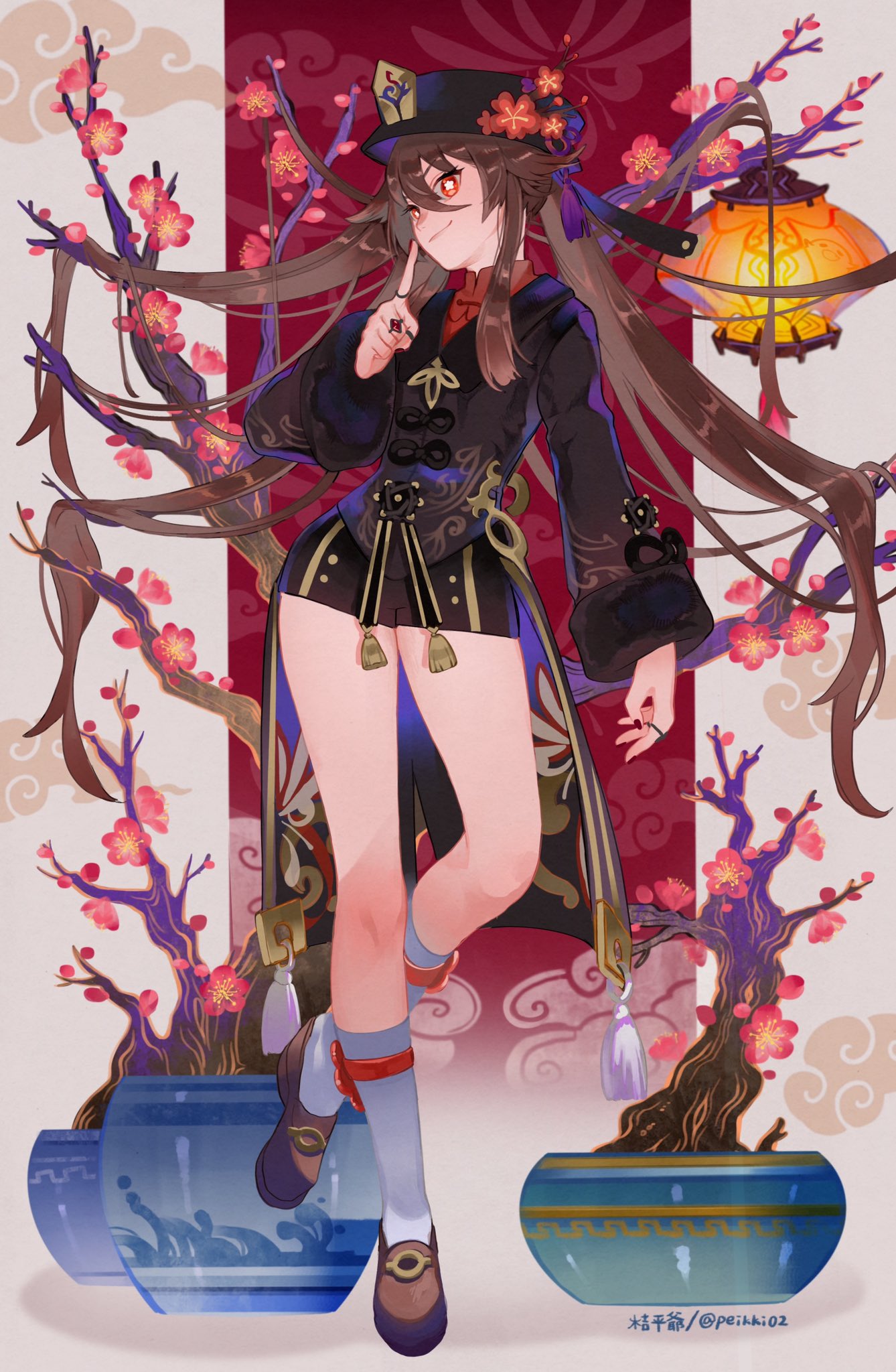 1girl black_headwear black_nails black_shorts brown_hair chinese_clothes clouds egasumi flower flower-shaped_pupils genshin_impact hat hat_flower highres hu_tao jewelry kippeijii lantern long_hair long_sleeves looking_at_viewer nail_polish pointing pot red_eyes red_flower ring shoes shorts smile socks solo symbol-shaped_pupils tassel tree tree_branch twintails very_long_hair