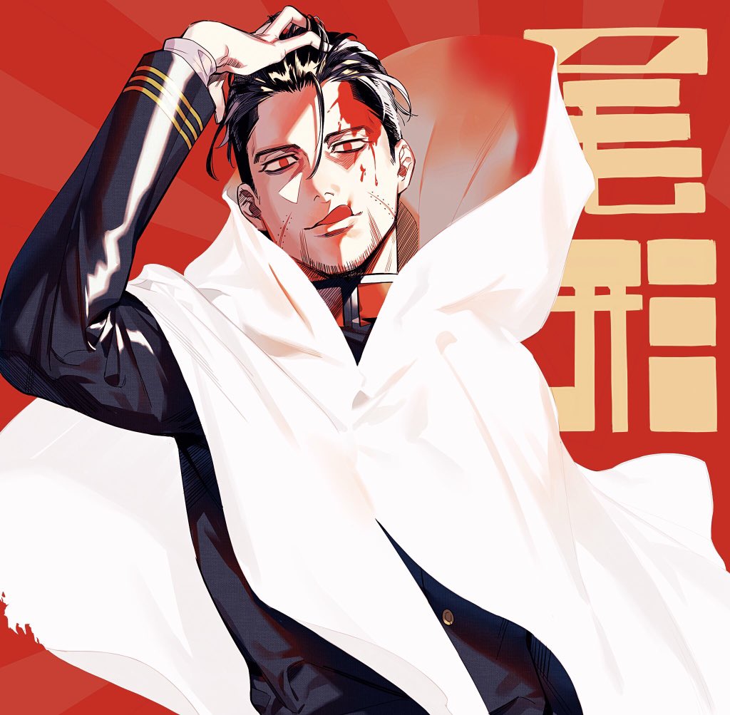 1boy arm_up black_hair black_jacket blood blood_on_face cloak facial_hair goatee golden_kamuy hair_between_eyes hair_slicked_back hair_strand hand_in_hair jacket jyun_xix long_sleeves looking_at_viewer male_focus military military_uniform ogata_hyakunosuke red_background red_eyes red_theme scar scar_on_cheek scar_on_face simple_background solo tongue tongue_out uniform upper_body white_cloak