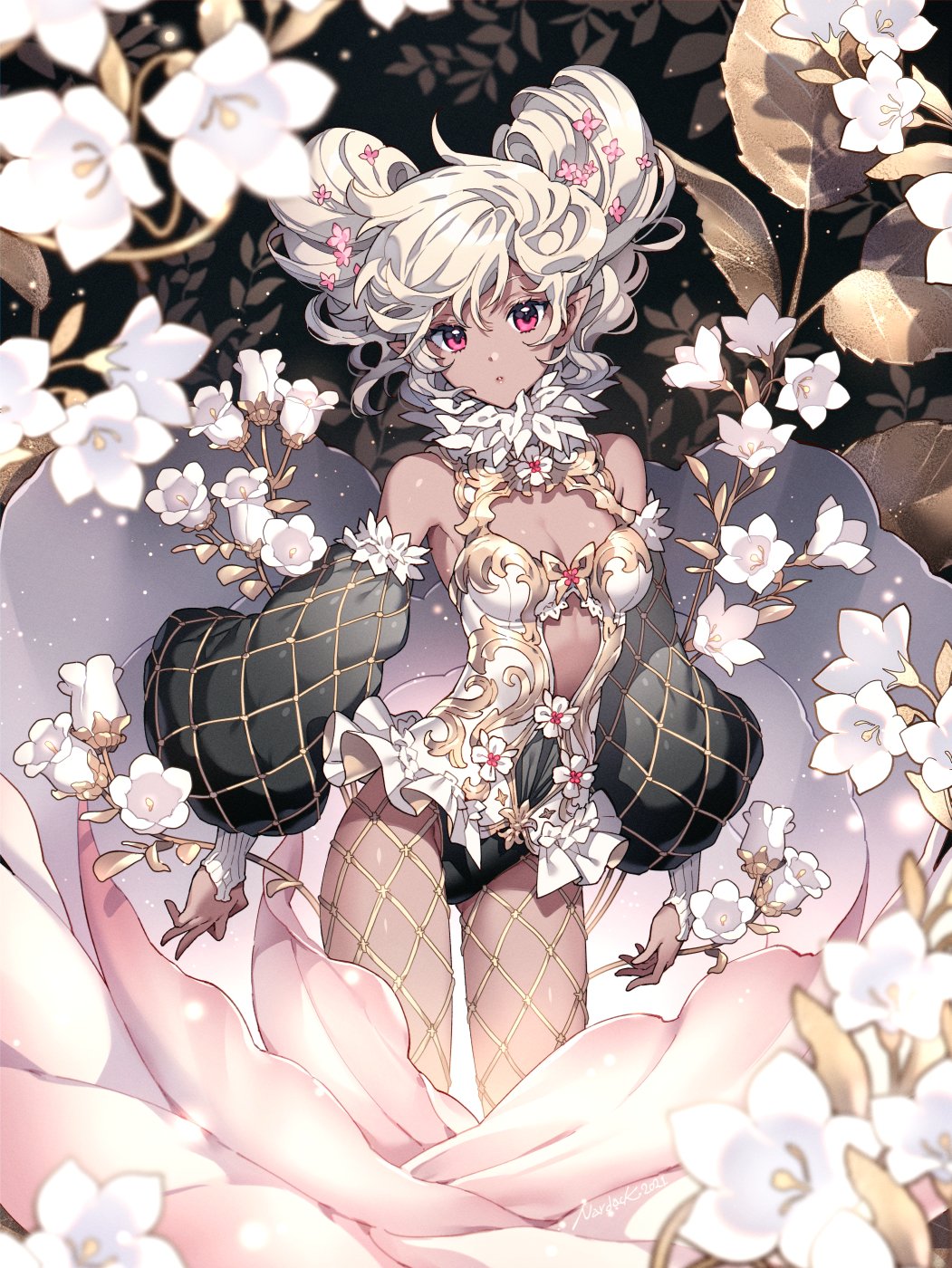 1girl bare_shoulders breasts dark_skin detached_sleeves double_bun eyelashes flower hair_flower hair_ornament highres leaf nardack open_mouth original pink_eyes pointy_ears small_breasts solo white_hair