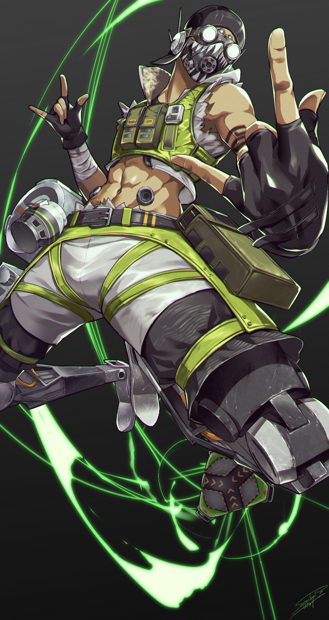 1boy \n/ abs apex_legends belt black_belt cropped_vest glowing glowing_eyes goggles green_vest grey_shorts highres looking_down male_focus mask mechanical_legs midriff mouth_mask navel octane_(apex_legends) prosthesis prosthetic_leg senobi_(senoby) shorts solo vest