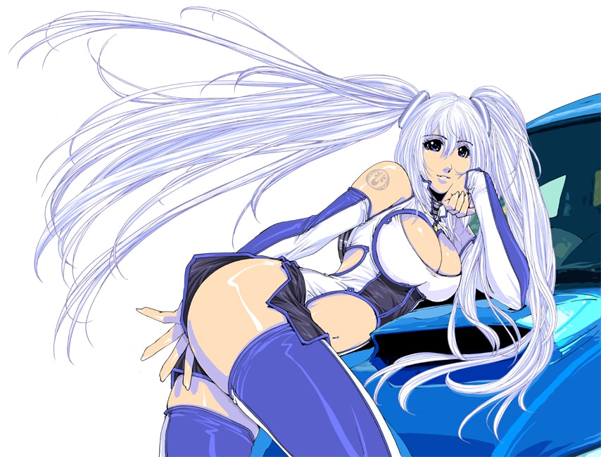 1girl arm_tattoo bangs breasts car clenched_hand clothing_cutout detached_sleeves eyebrows_visible_through_hair floating_hair ground_vehicle himegami_gadget kikuchi_michitaka large_breasts leaning_forward long_hair motor_vehicle navel official_art parted_lips silver_hair skindentation smile solo stomach_cutout subaru_impreza tattoo thigh-highs twintails