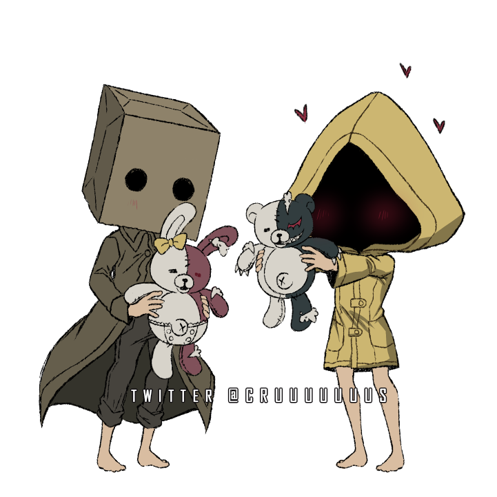 2others alternate_color bag barefoot blush box brown_coat brown_pants cardboard_box coat criis-chan dangan_ronpa_(series) dangan_ronpa_2:_goodbye_despair diaper ear_bow english_commentary hat heart holding jacket little_nightmares little_nightmares_ii mono_(little_nightmares) monokuma monomi_(dangan_ronpa) multiple_others pants paper_bag raincoat simple_background six_(little_nightmares) stuffed_animal stuffed_bunny stuffed_toy teddy_bear twitter_username white_background