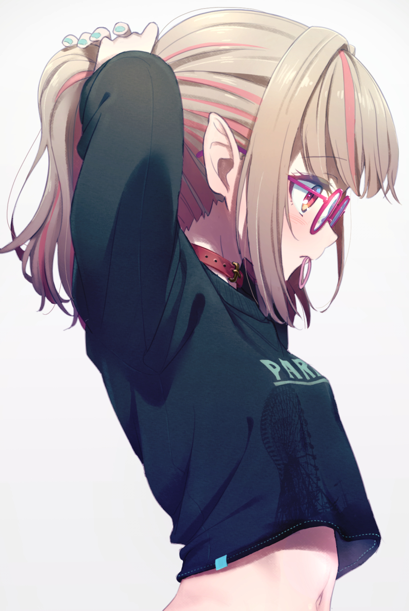 1girl adjusting_hair aqua_nails arms_up bespectacled black_sweater blush clothes_writing collar commentary_request eyebrows_visible_through_hair glasses grey_hair hair_tie hair_tie_in_mouth hairdressing highres long_hair long_sleeves makaino_ririmu mouth_hold multicolored_hair nail_polish navel nijisanji pink_hair pointy_ears ponytail profile red-framed_eyewear red_collar red_eyes sabamen sidelocks simple_background solo streaked_hair sweater two-tone_hair tying_hair upper_body virtual_youtuber