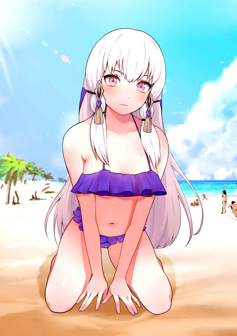 1girl alternate_costume bangs bare_shoulders beach bikini blue_sky blush breasts closed_mouth collarbone commentary day dip_art english_commentary fingernails fire_emblem fire_emblem:_three_houses frilled_bikini frilled_swimsuit frills hair_between_eyes hair_ornament highres horizon kneeling light_rays lips long_hair looking_at_viewer lysithea_von_ordelia nail navel ocean outdoors palm_tree pink_eyes purple_bikini purple_swimsuit sand shadow sky small_breasts sunlight swimsuit tree veil water wet white_hair