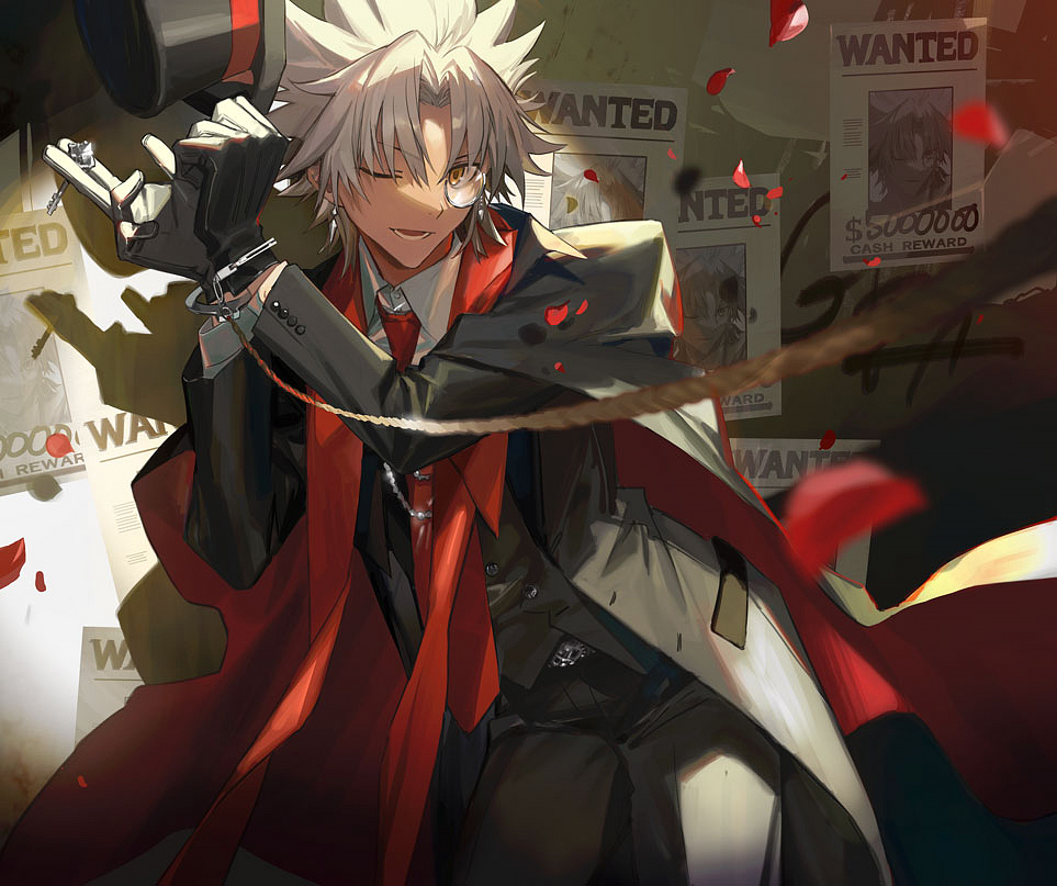 1boy ;d amakusa_shirou_(fate) bangs black_gloves black_legwear black_suit collared_shirt cuffs dark_skin dark_skinned_male fate/grand_order fate_(series) formal gloves handcuffs hat holding holding_clothes holding_hat holding_key itefu key monocle necktie one_eye_closed open_mouth pants parted_bangs red_neckwear shirt silver_hair smile solo spiky_hair spotlight suit top_hat waistcoat wanted white_shirt