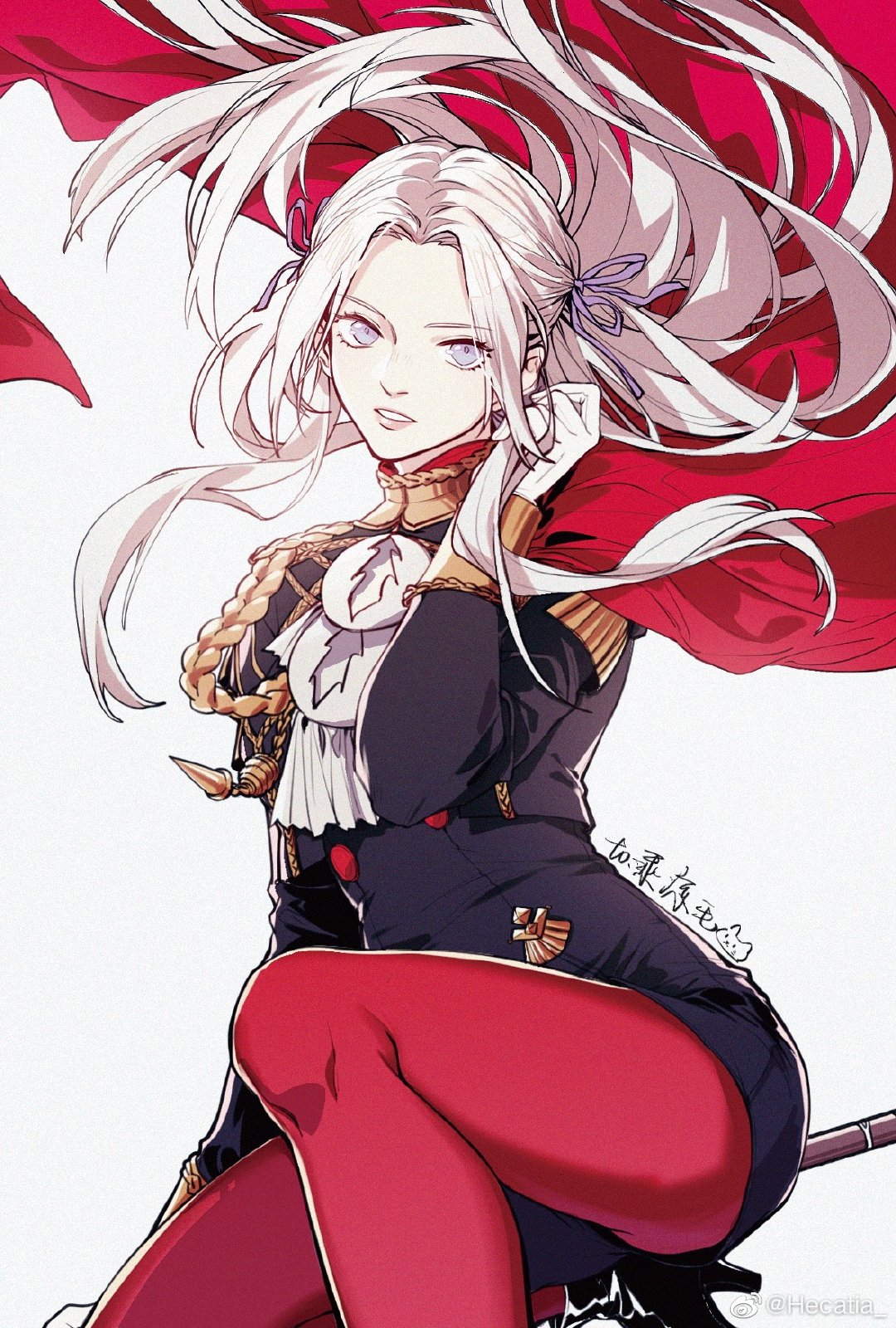 1girl black_jacket cape chinese_commentary commentary_request edelgard_von_hresvelg fire_emblem fire_emblem:_three_houses floating_hair forehead garreg_mach_monastery_uniform gloves grey_background grey_eyes hand_up highres jacket kagari6496 long_hair long_sleeves looking_at_viewer pantyhose parted_lips red_cape red_legwear silver_hair simple_background solo thighs weibo_username white_gloves