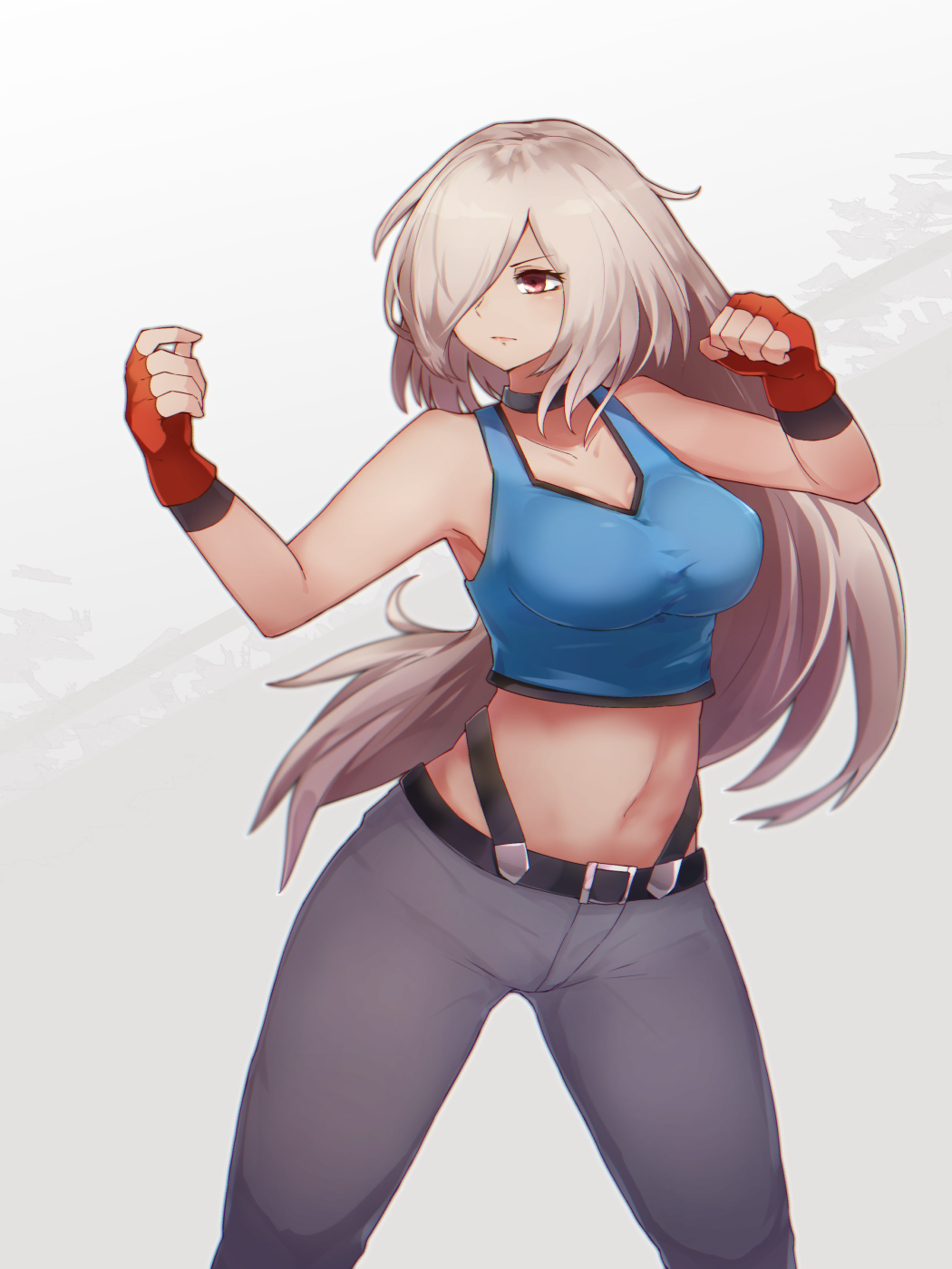 1girl albina belt belt_buckle black_choker blue_tank_top breasts buckle choker clenched_hands closed_mouth collarbone commission fighting_stance fingerless_gloves gloves hair_over_one_eye highres light_blush long_hair midriff navel pixiv_request red_eyes red_gloves serious simple_background solo tank_top the_king_of_fighters yonaga