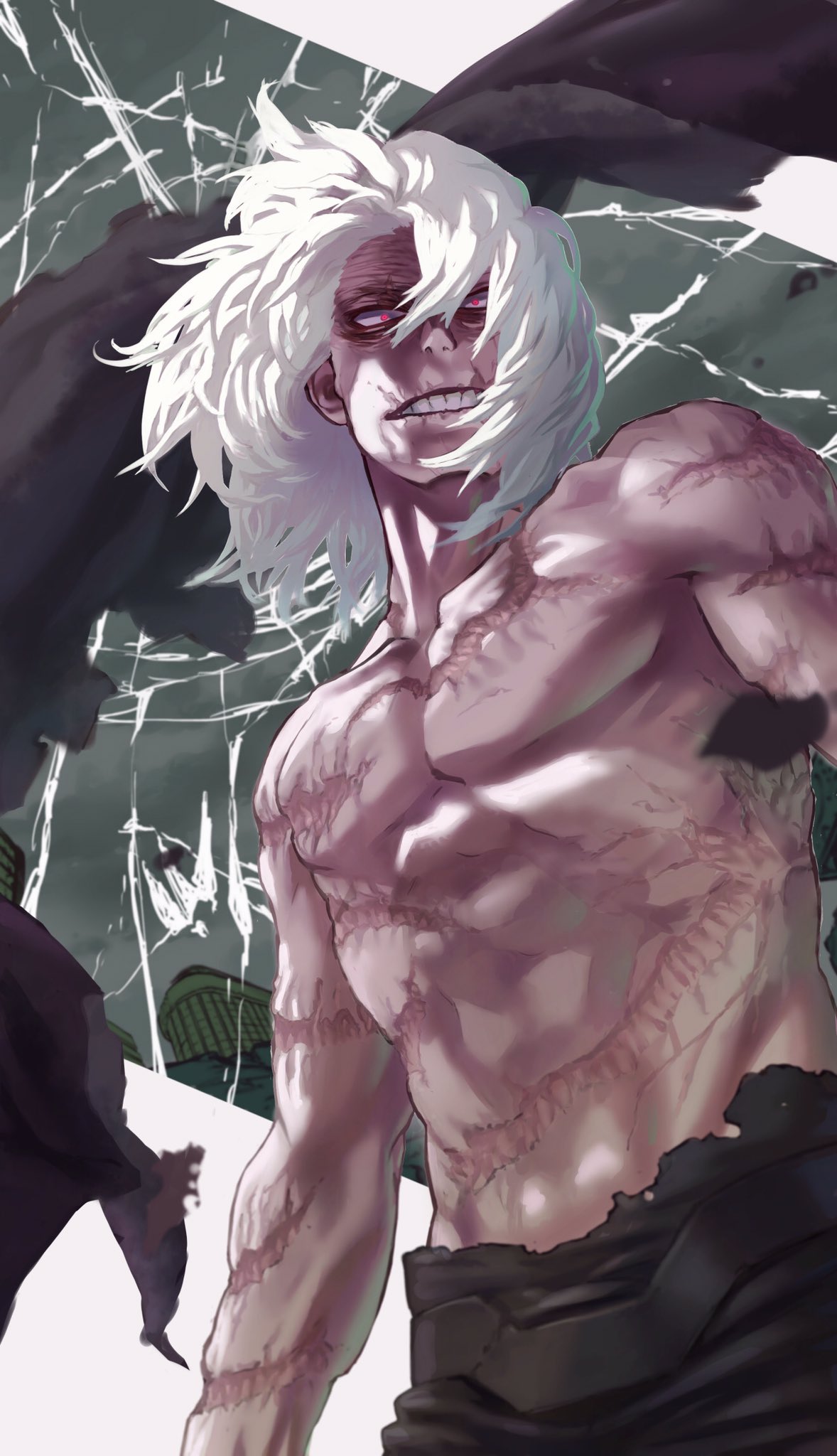 1boy boku_no_hero_academia burn_scar commentary_request crack grey_hair grey_sky highres male_focus messy_hair pants red_eyes scar scar_on_arm scar_on_chest scar_on_face scar_on_stomach shigaraki_tomura solo teeth torn_clothes white_background yomoyama_yotabanashi