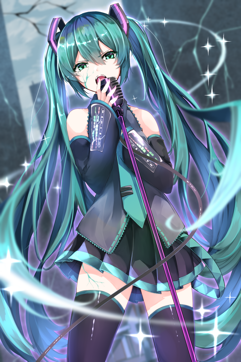 1girl bangs bare_shoulders black_legwear black_skirt black_sleeves blurry blurry_background commentary_request depth_of_field detached_sleeves ekusera eyebrows_visible_through_hair green_eyes green_hair green_neckwear grey_shirt hair_between_eyes hatsune_miku highres long_hair long_sleeves looking_at_viewer microphone microphone_stand nail_polish necktie open_mouth pleated_skirt purple_nails shirt skirt sleeveless sleeveless_shirt solo sparkle standing thigh-highs tie_clip twintails upper_teeth v-shaped_eyebrows very_long_hair vocaloid wide_sleeves