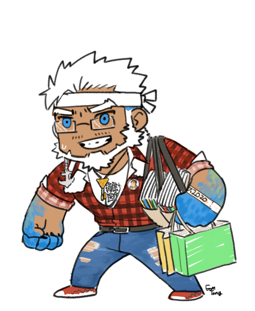 1boy aegir_(tokyo_houkago_summoners) aqua_hair beard blue_eyes casual chibi dark_skin dark_skinned_male denim facial_hair fins gomtang jeans male_focus multicolored_hair pants short_hair solo streaked_hair sweatdrop tokyo_houkago_summoners torn_clothes torn_pants white_hair