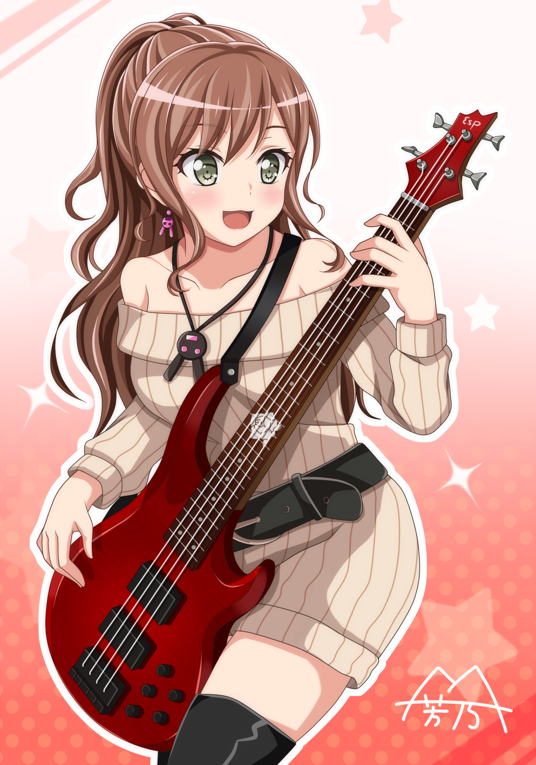 1girl :d bang_dream! bangs bare_shoulders bass_guitar beige_dress belt black_belt black_footwear blush boots brown_hair bunny_earrings collarbone commentary_request cowboy_shot dress earrings esp_guitars eyebrows_visible_through_hair gradient gradient_background green_eyes hair_between_eyes half_updo highres imai_lisa instrument jewelry long_hair long_sleeves medium_hair music off-shoulder_dress off_shoulder official_style open_mouth partial_commentary playing_instrument polka_dot polka_dot_background red_background ribbed_dress sidelocks signature smile solo sparkle standing starry_background thigh-highs thigh_boots yoshino_yamato zettai_ryouiki