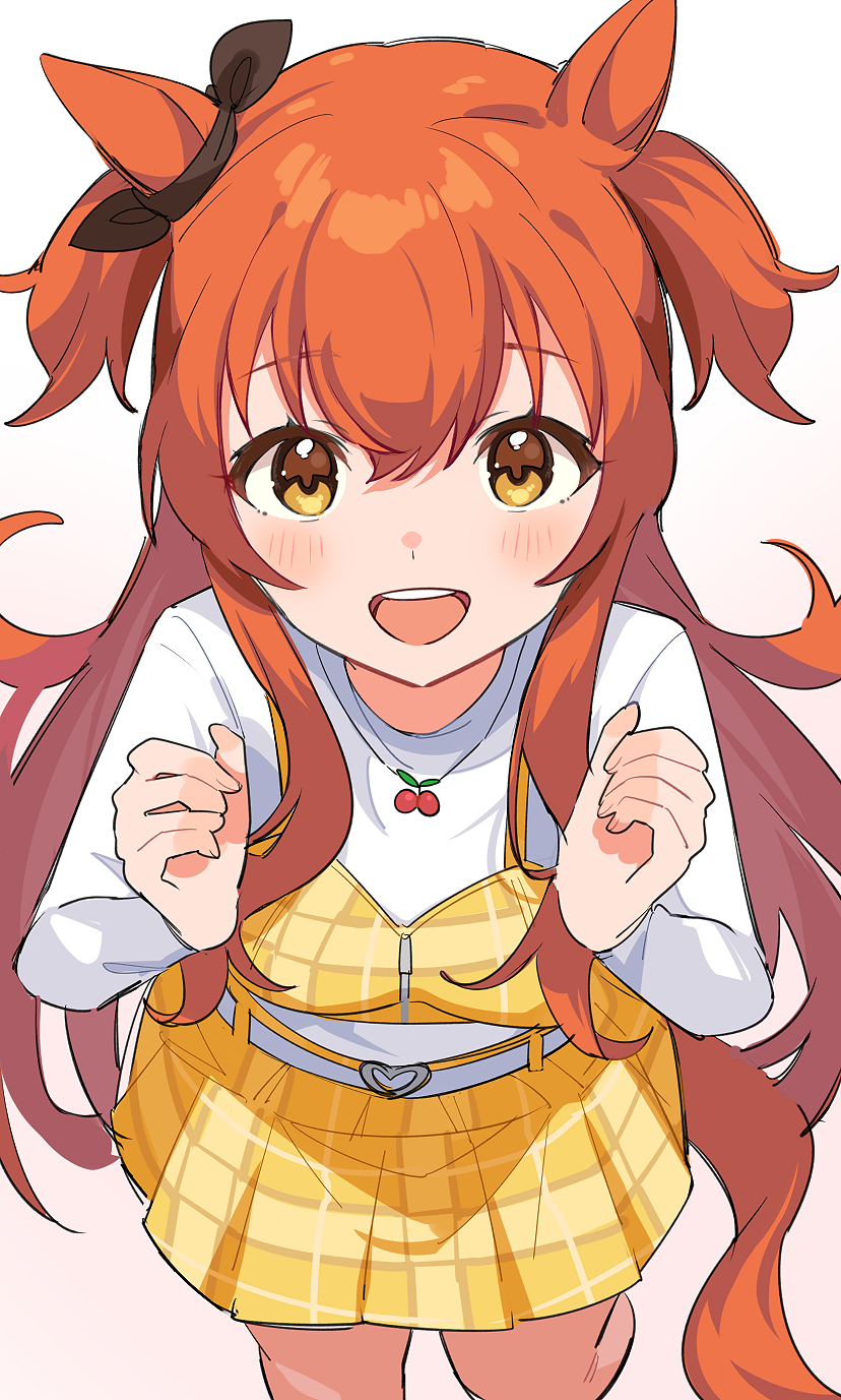 1girl :d animal_ears bangs black_ribbon blush breasts brown_eyes commentary_request dress ear_ribbon eyebrows_visible_through_hair hair_between_eyes hands_up highres horse_ears inuyama_nanami long_hair long_sleeves looking_at_viewer mayano_top_gun open_mouth orange_hair plaid plaid_dress pleated_dress ribbon shirt small_breasts smile solo standing two_side_up umamusume upper_teeth very_long_hair white_shirt yellow_dress