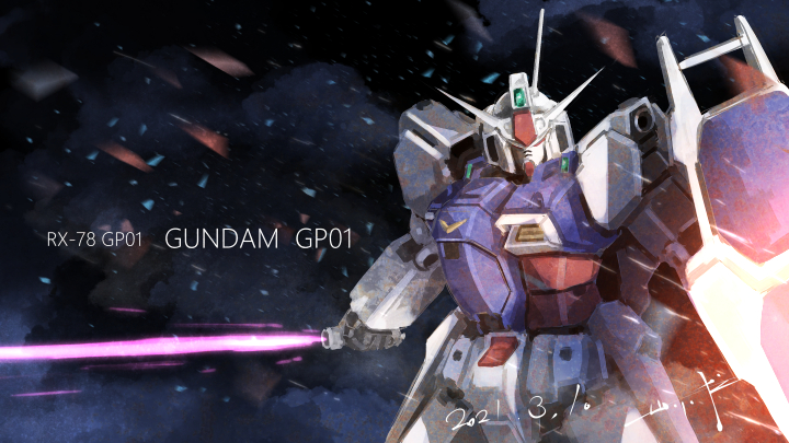 beam_saber character_name dated gundam gundam_0083 gundam_gp-01_zephyranthes holding holding_shield holding_sword holding_weapon looking_down mecha mobile_suit no_humans science_fiction serike_w shield signature solo space sword v-fin weapon