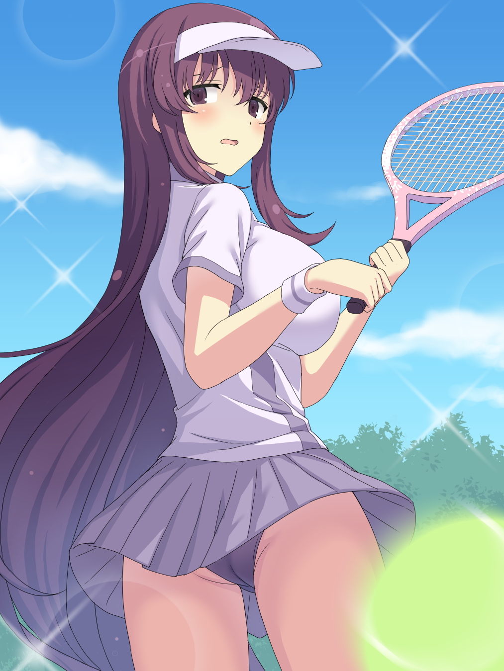 1girl ass ball bangs blue_sky breasts commentary_request day highres holding holding_racket large_breasts long_hair looking_at_viewer murasaki_(senran_kagura) open_mouth outdoors panties perapera pleated_skirt purple_hair purple_panties purple_shirt purple_skirt racket senran_kagura shirt sidelocks skirt sky solo sportswear standing tennis_ball tennis_racket tennis_uniform thighs tree trefoil underwear very_long_hair violet_eyes visor_cap wavy_mouth white_headwear wristband