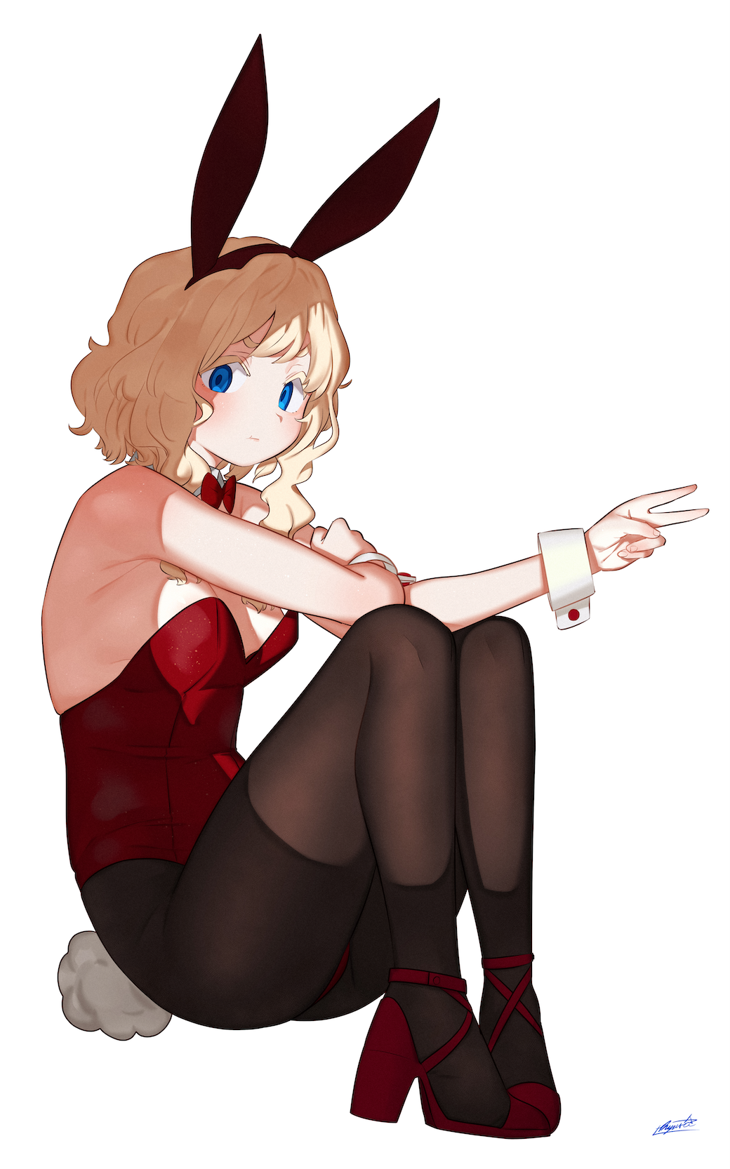 1girl animal_ears blonde_hair blue_eyes blush bow bowtie breasts brown_legwear bunny_tail closed_mouth detached_collar fake_animal_ears fake_tail fingernails from_side full_body hairband hand_up high_heels highres leotard looking_at_viewer looking_to_the_side medium_breasts medium_hair original pantyhose playboy_bunny rabbit_ears red_footwear red_hairband red_leotard red_theme ryusei_hashida simple_background skindentation solo strapless strapless_leotard tail v white_background wrist_cuffs