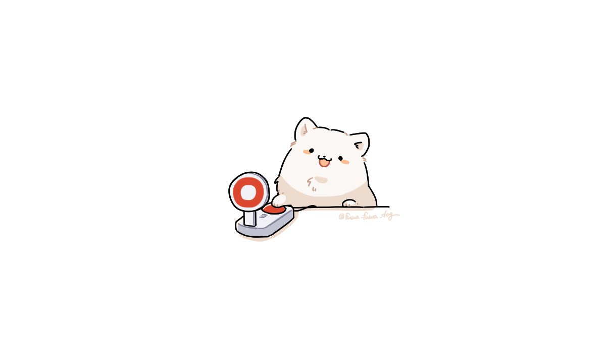 :3 animal animal_focus artist_name black_eyes blush_stickers circle dog fluffy fuwa_fuwa_dog no_humans open_mouth original pressing pushbutton pushing red_button shadow simple_background solid_circle_eyes solo twitter_username white_background