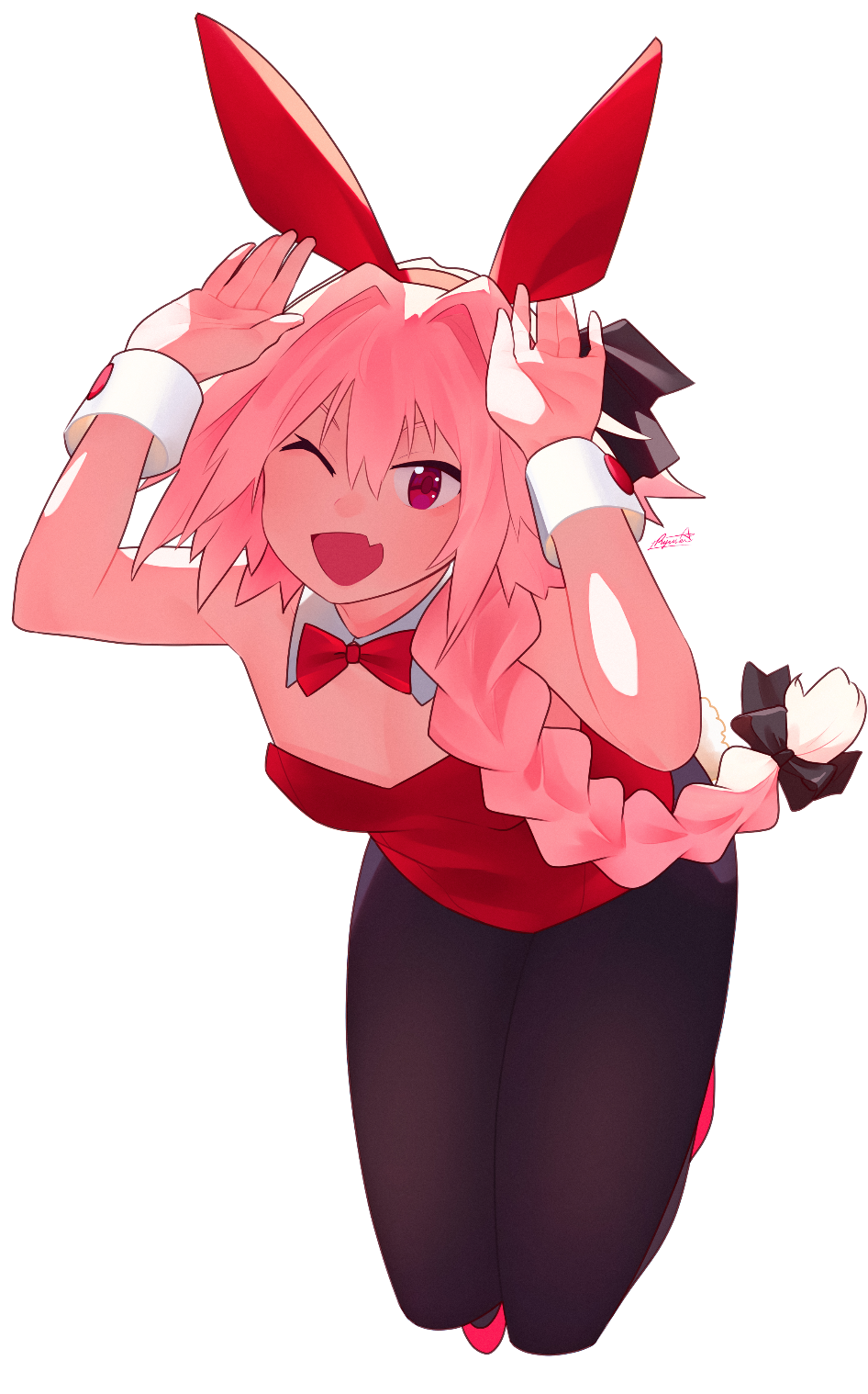 1boy :d animal_ears astolfo_(fate) black_bow black_legwear bow bowtie braid breasts bunny_pose detached_collar fang fate/grand_order fate_(series) hair_bow hair_over_shoulder hands_up highres leotard long_hair looking_at_viewer one_eye_closed open_mouth otoko_no_ko pantyhose pink_hair playboy_bunny rabbit_ears red_bow red_footwear red_leotard red_neckwear ryusei_hashida shoes simple_background single_braid skin_fang small_breasts smile solo violet_eyes white_background wrist_cuffs