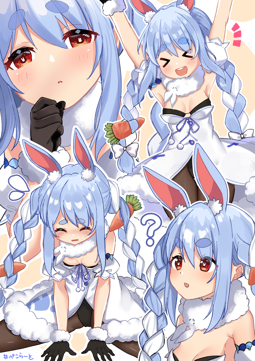 &gt;_&lt; 1girl :d ? animal_ear_fluff animal_ears bangs bare_shoulders black_gloves black_legwear black_leotard blue_hair blush braid breasts bunny-shaped_pupils carrot_hair_ornament clothing_cutout coat detached_sleeves don-chan_(usada_pekora) embarrassed food_themed_hair_ornament fur-trimmed_coat fur-trimmed_gloves fur_scarf fur_trim gloves hair_ornament highres hikimayu hololive leotard leotard_under_clothes lily_(vocaloid) long_hair multicolored_hair multiple_views open_mouth pantyhose puffy_short_sleeves puffy_sleeves rabbit_ears red_eyes scarf short_eyebrows short_sleeves small_breasts smile split strapless strapless_coat strapless_leotard swept_bangs thick_eyebrows twin_braids twintails two-tone_hair underboob_cutout upper_teeth usada_pekora virtual_youtuber white_coat white_hair white_scarf white_sleeves yukisuke_(user_gtmm7833)