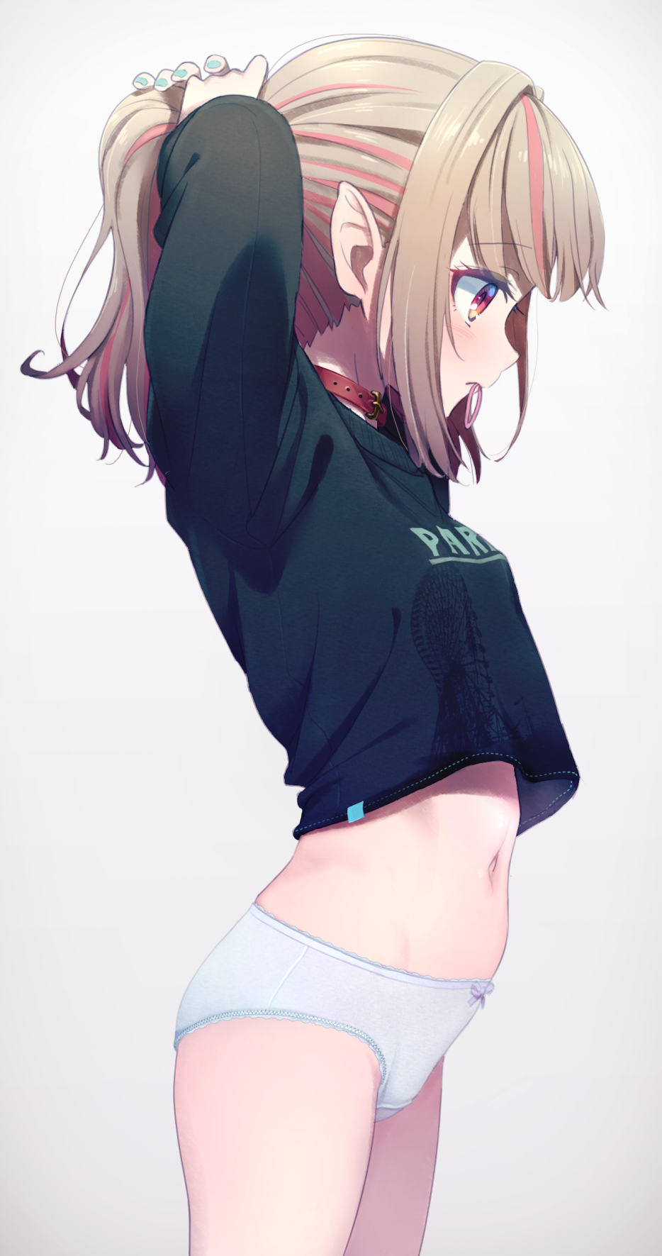 1girl adjusting_hair aqua_nails arms_up black_sweater blush bottomless bow bow_panties clothes_writing collar commentary_request cowboy_shot eyebrows_visible_through_hair grey_hair hair_tie hair_tie_in_mouth hairdressing highres long_hair long_sleeves makaino_ririmu mouth_hold multicolored_hair nail_polish navel nijisanji panties pink_hair pointy_ears ponytail profile red_collar red_eyes sabamen sidelocks simple_background solo streaked_hair sweater two-tone_hair tying_hair underwear virtual_youtuber white_panties