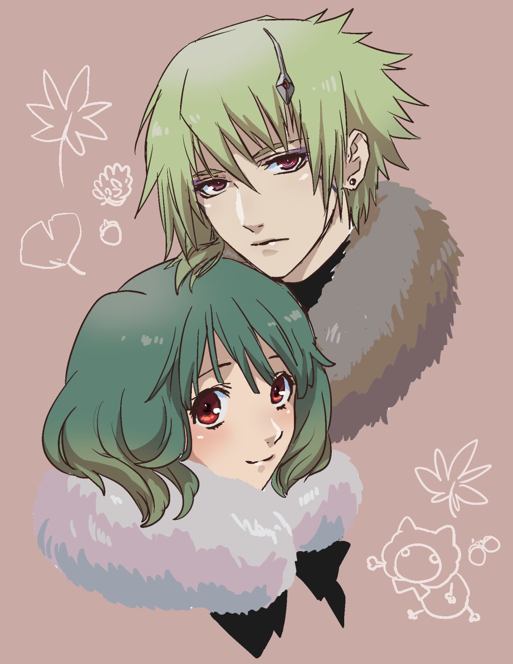 1boy 1girl bishounen brera_sterne brother_and_sister cero_(cerocero) earrings eyeshadow fur_collar gradient_hair green_hair hair_ornament highres jewelry looking_at_viewer macross macross_frontier makeup multicolored_hair ranka_lee red_eyes siblings