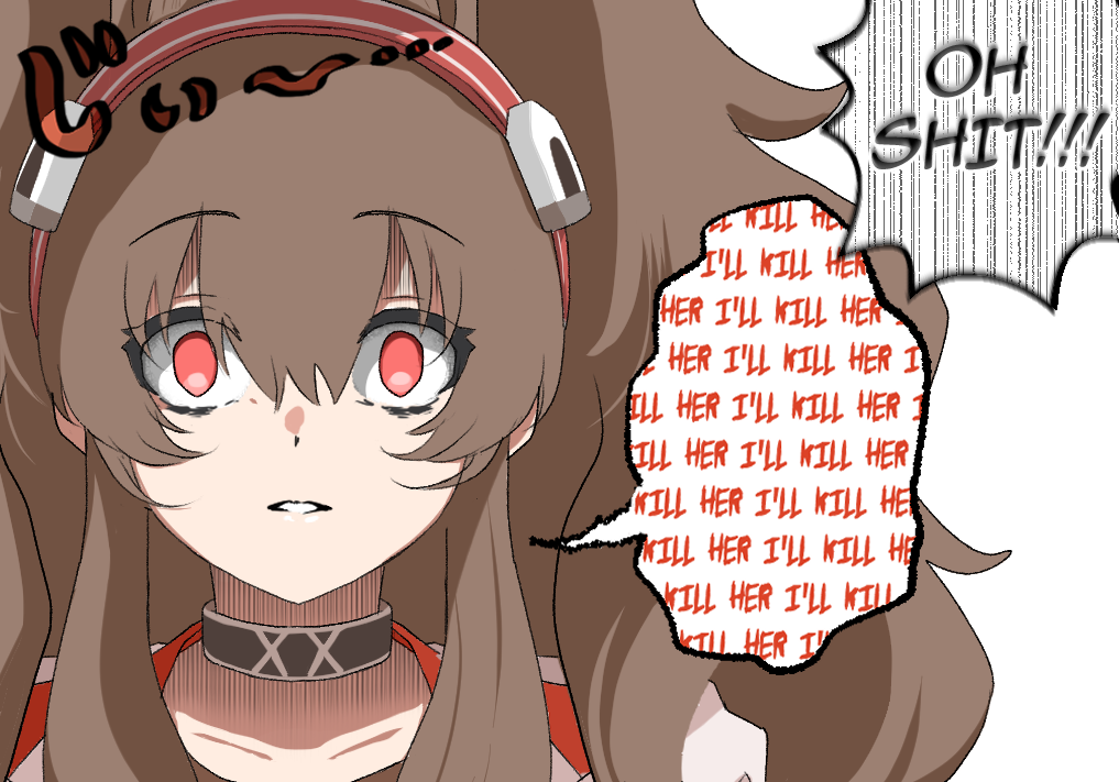 1girl alphthelad angelina_(arknights) arknights bangs black_choker brown_hair choker empty_eyes english_text eyebrows_visible_through_hair hair_between_eyes hairband long_hair looking_at_viewer parted_lips portrait red_eyes sanpaku sidelocks solo speech_bubble twintails two-tone_hairband yandere