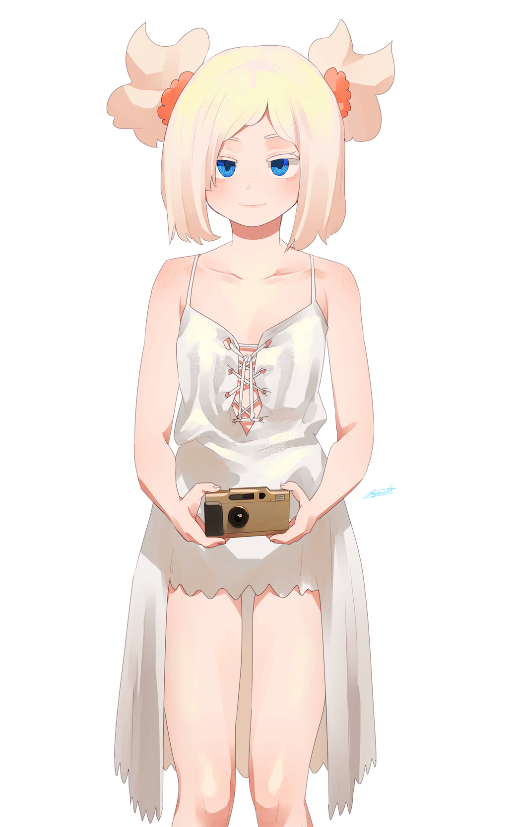 1girl bare_arms bare_shoulders blonde_hair blue_eyes bob_cut camera closed_mouth dress flat_chest hair_ornament hair_scrunchie highres holding holding_camera looking_at_viewer original ryusei_hashida scrunchie signature simple_background smile solo standing twintails white_background white_dress