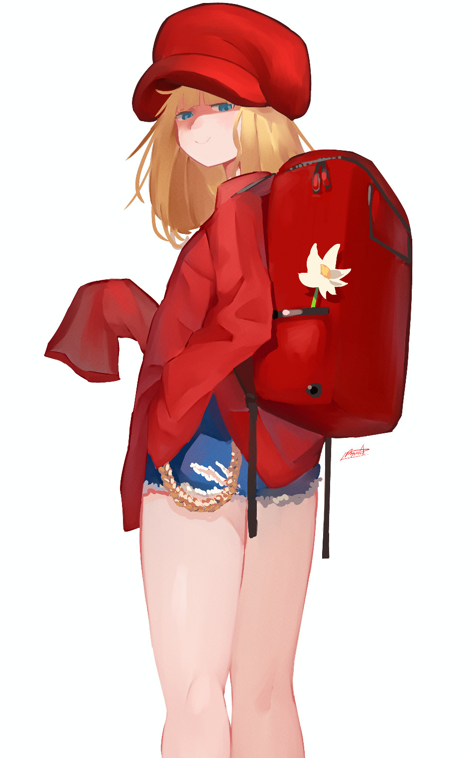 1girl backpack bag blonde_hair blue_eyes blue_shorts closed_mouth flower from_behind hat highres kneepits long_hair long_sleeves looking_at_viewer looking_back original red_bag red_headwear ryusei_hashida short_shorts shorts signature simple_background sleeves_past_fingers sleeves_past_wrists smile solo standing white_background white_flower