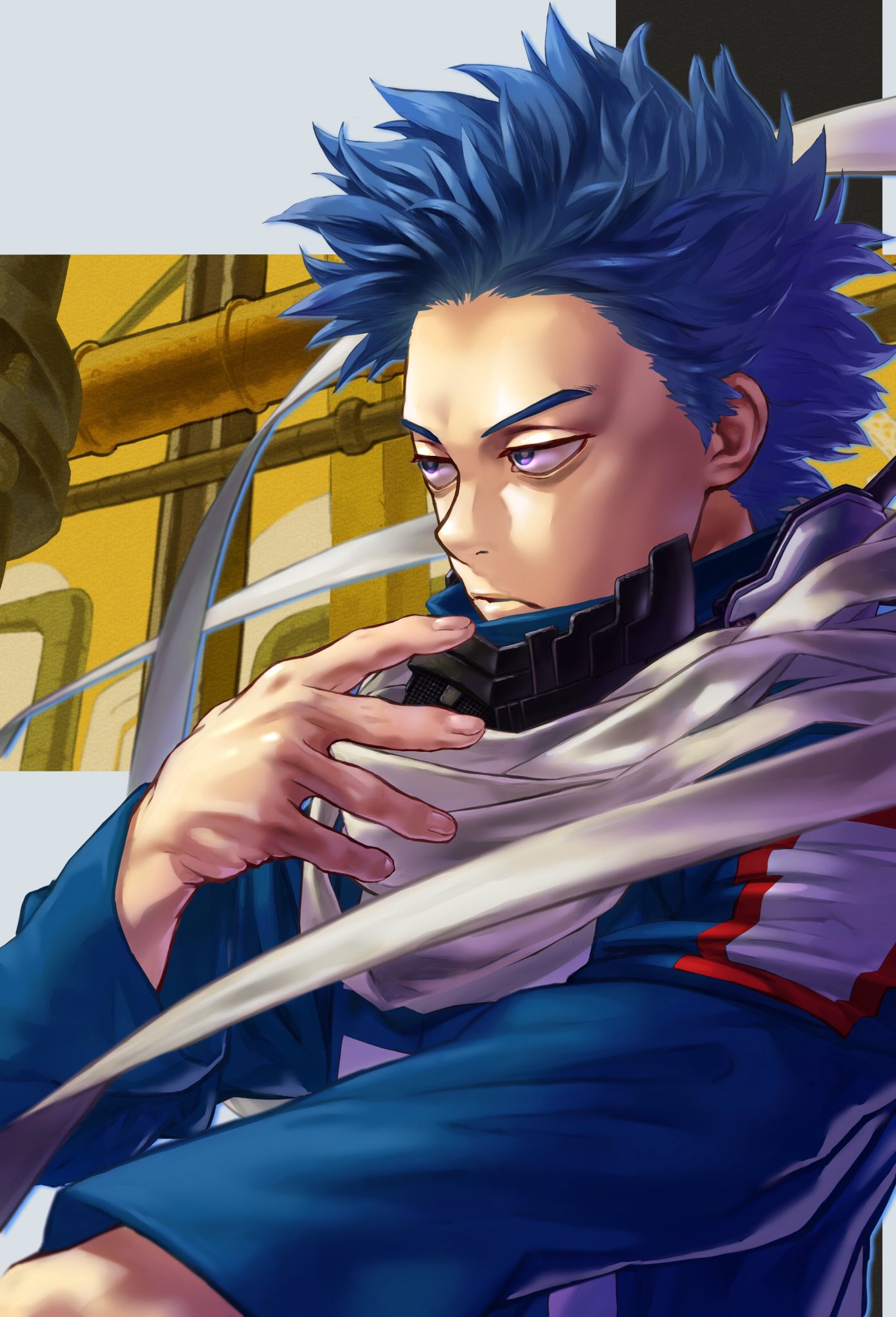 1boy bags_under_eyes blue_eyes blue_hair boku_no_hero_academia commentary_request frown half-closed_eyes highres long_sleeves male_focus pipes scarf shinsou_hitoshi solo spiky_hair u.a._gym_uniform upper_body white_background white_neckwear yellow_background yomoyama_yotabanashi