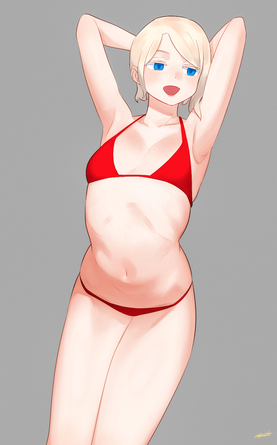 1girl :d armpits arms_behind_head bikini blonde_hair blue_eyes breasts freckles grey_background halterneck hands_up highres legs_together looking_to_the_side navel open_mouth original red_bikini ryusei_hashida short_hair signature simple_background small_breasts smile solo standing stomach swimsuit