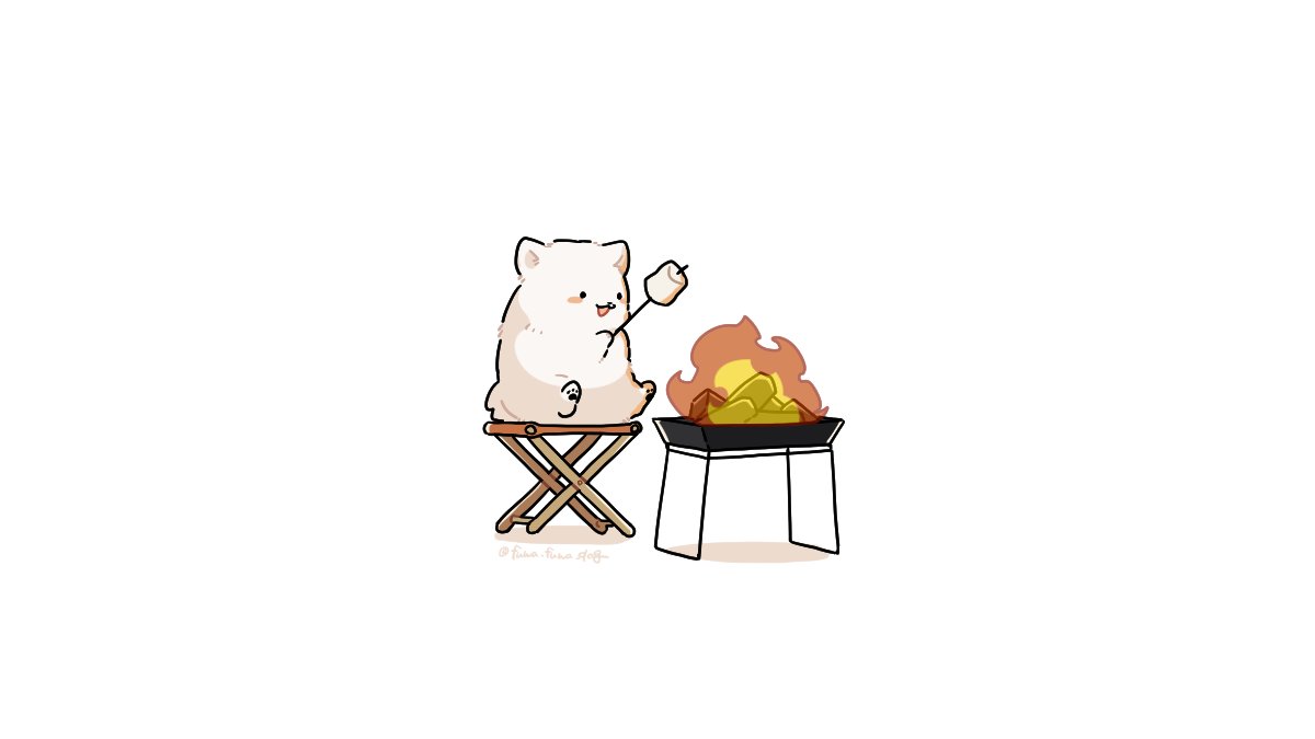 :3 animal animal_focus artist_name black_eyes blush_stickers campfire dog fire fluffy folding_stool food fuwa_fuwa_dog holding holding_stick marshmallow no_humans open_mouth original roasting shadow simple_background sitting solid_circle_eyes solo stick twitter_username white_background