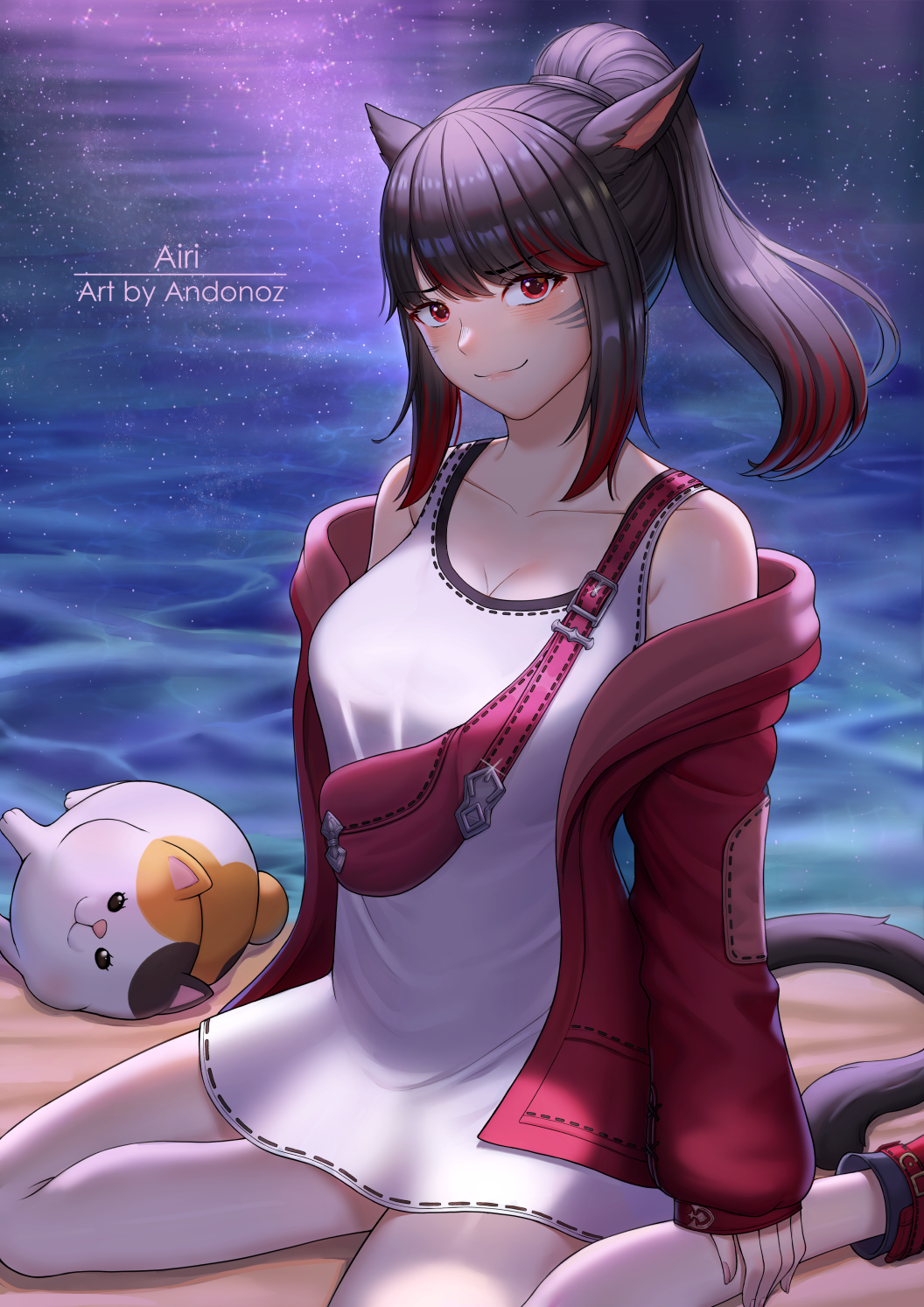 1girl andonoz animal_ears bangs beach black_hair breasts cat cat_ears cat_tail dress eyebrows_visible_through_hair facial_mark fat_cat_(ff14) final_fantasy final_fantasy_xiv highres jacket large_breasts looking_at_viewer medium_hair miqo'te multicolored_hair night off_shoulder open_clothes open_jacket outdoors ponytail red_eyes redhead sitting smile solo tail two-tone_hair wariza whisker_markings