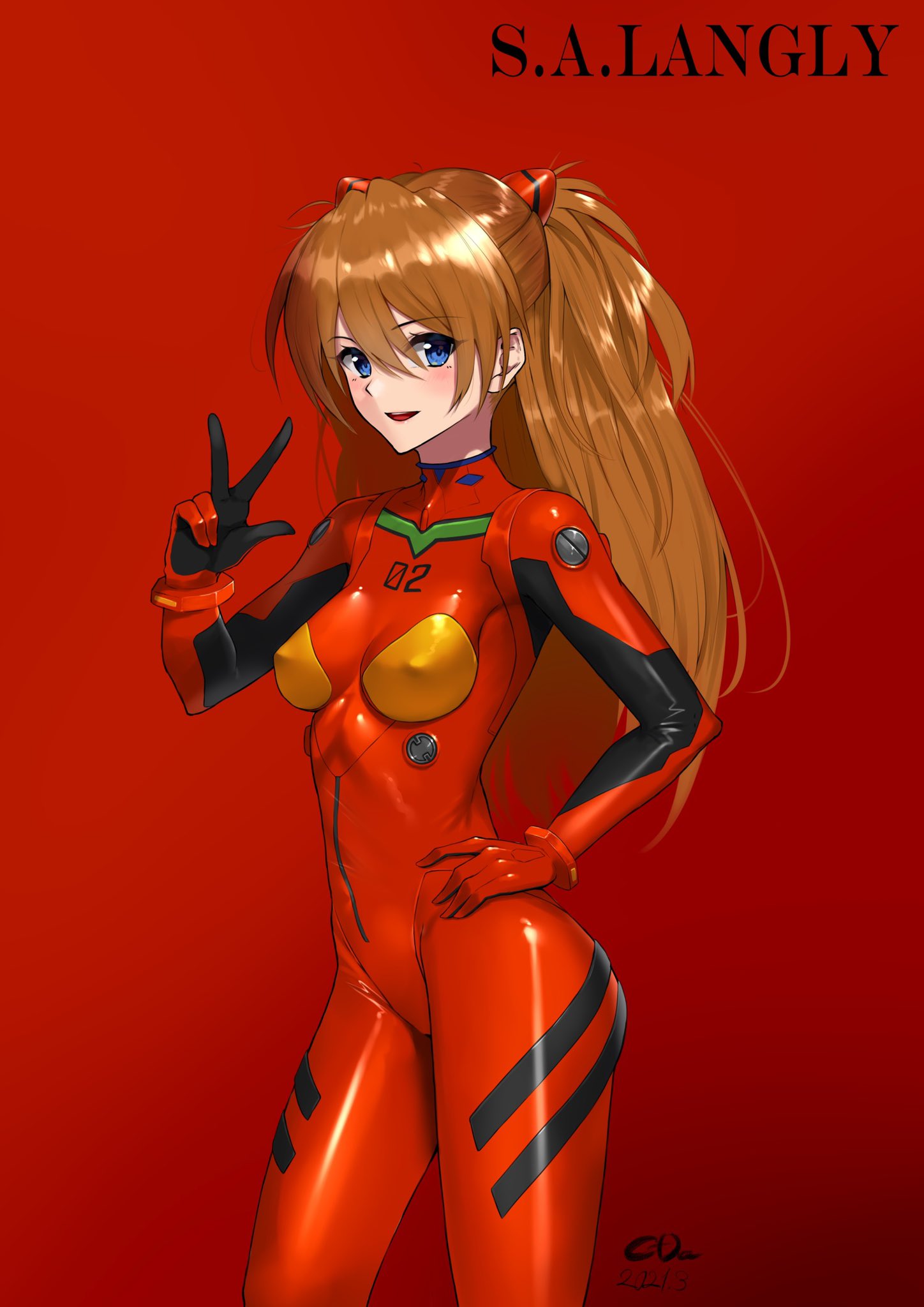 1girl bangs blue_eyes blush bodysuit breasts c-da character_name covered_nipples dated eyebrows_visible_through_hair hair_between_eyes hand_on_hip highres interface_headset long_hair medium_breasts neon_genesis_evangelion open_mouth orange_hair plugsuit red_background red_bodysuit signature simple_background solo souryuu_asuka_langley w