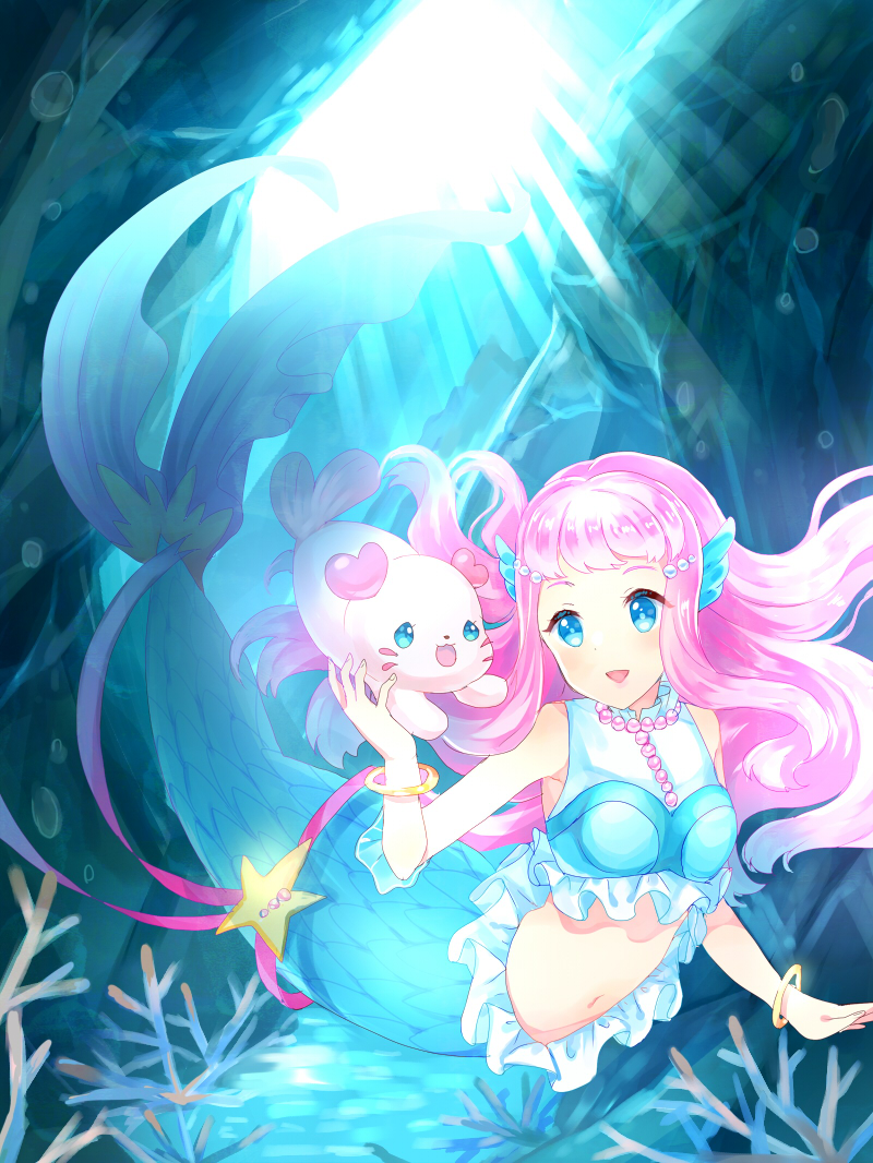 1girl 1other :d air_bubble bangs bare_shoulders blue_eyes blush bracelet breasts bubble commentary coral crop_top full_body hair_ornament head_fins jewelry kinoshita_idea kururun_(precure) laura_(precure) light_rays long_hair looking_at_another medium_breasts mermaid midriff monster_girl navel necklace open_mouth pearl_hair_ornament pearl_necklace pink_hair precure shirt sidelocks sleeveless sleeveless_shirt smile solo_focus split_tail tropical-rouge!_precure underwater white_shirt