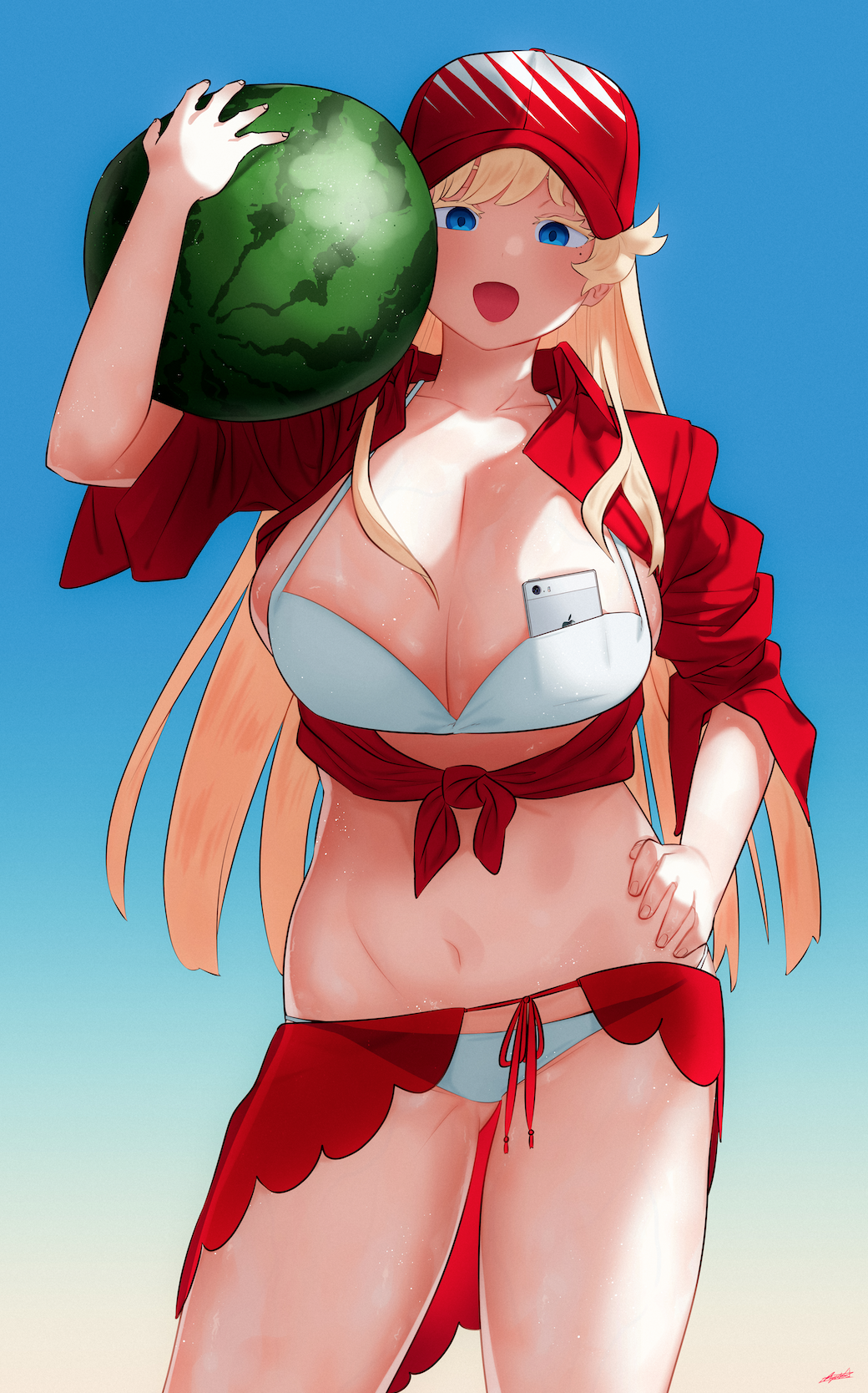 1girl :d baseball_cap bikini blonde_hair blue_background blush breasts cellphone contrapposto fingernails food fruit gradient gradient_background hair_flaps hand_on_hip hat head_tilt highres holding holding_food holding_fruit huge_breasts iphone jacket long_hair looking_at_viewer mole mole_under_eye navel open_clothes open_jacket open_mouth original phone red_headwear red_jacket ryusei_hashida sarong signature smartphone smile solo stomach swimsuit tied_jacket two-tone_background watermelon wet white_bikini